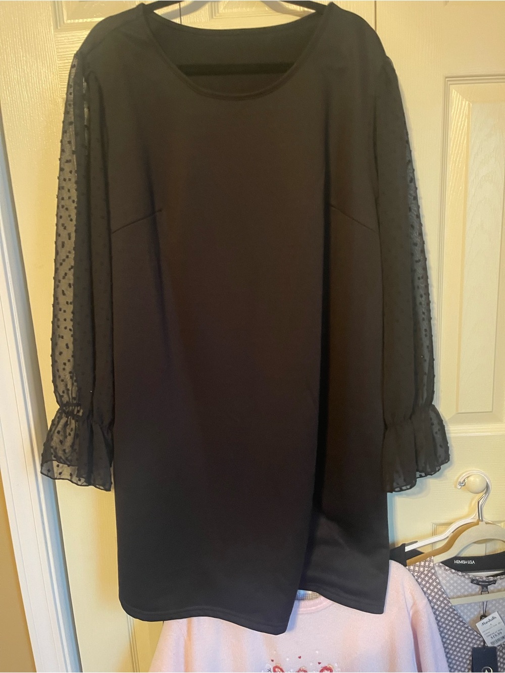 SHEIN Black Long Sleeve Sheer Dot Bishop Sleeve Tunic Dress